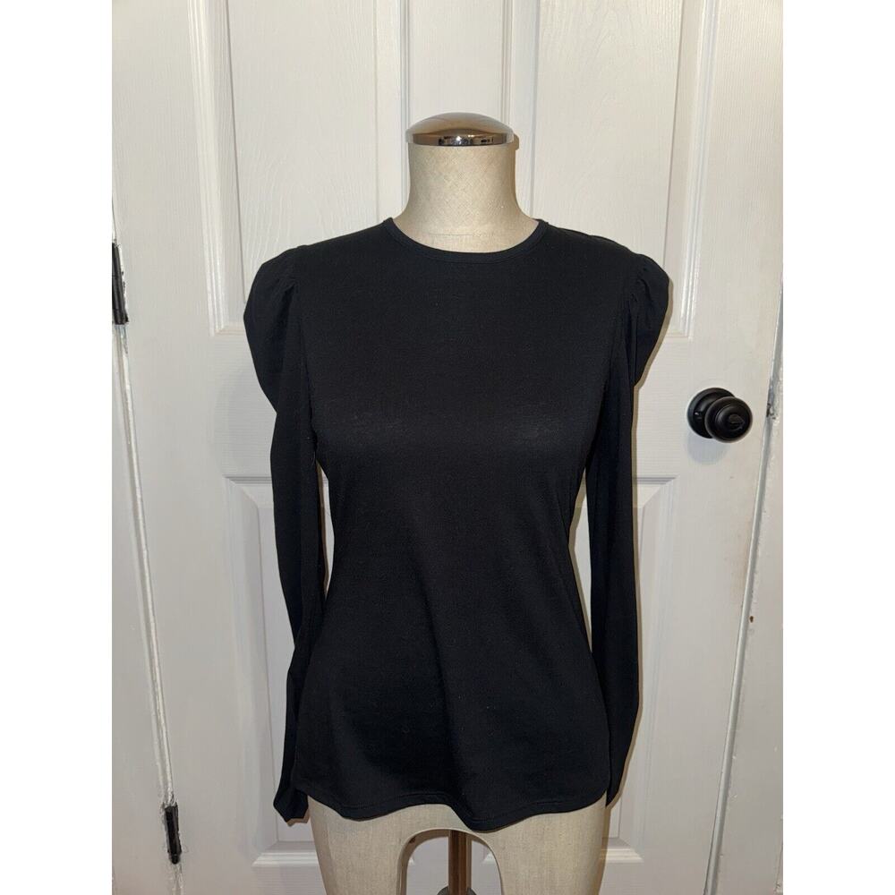 Rebecca Taylor Black Puff Sleeve Round Neck T Shirt Size S Minimalist Classic
